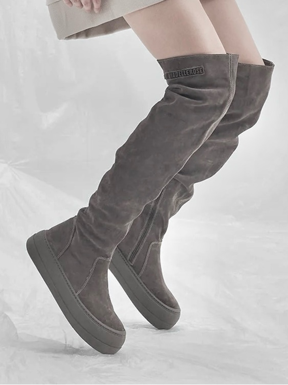 Over-the-Knee Suede Boots in Light Grey  Pull-On Style size 38